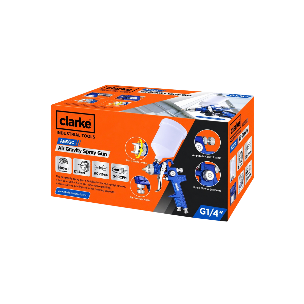 Clarke FZ2000 Air Gravity Spray Gun G1/4" box packaging, featuring a bright orange and black design with product details and feature callouts.