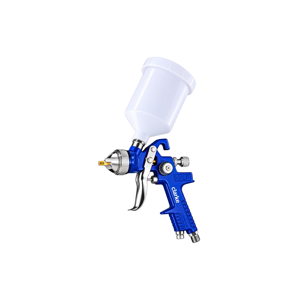A blue and silver spray gun with a white plastic paint cup, shown against a solid white background.