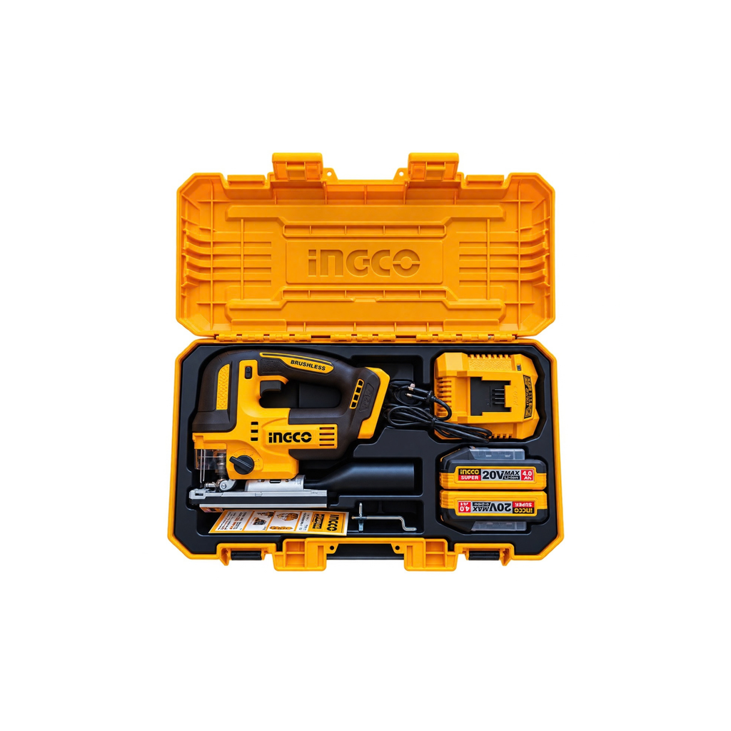An Incco cordless jigsaw set displayed inside its open orange and yellow hard plastic carrying case on a plain white background. The set includes a yellow and black jigsaw, a battery charger, two 20V lithium-ion batteries, and a reciprocating saw blade.