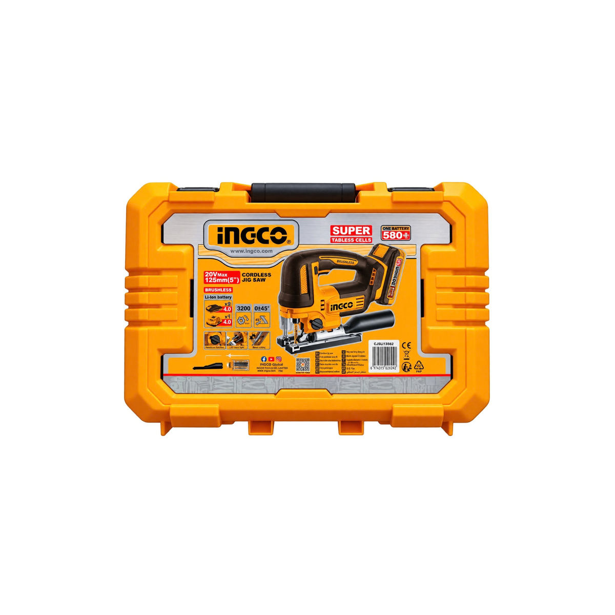 An Ingco 360W cordless reciprocating saw in its original orange and gray protective carrying case, shown against a plain white background.