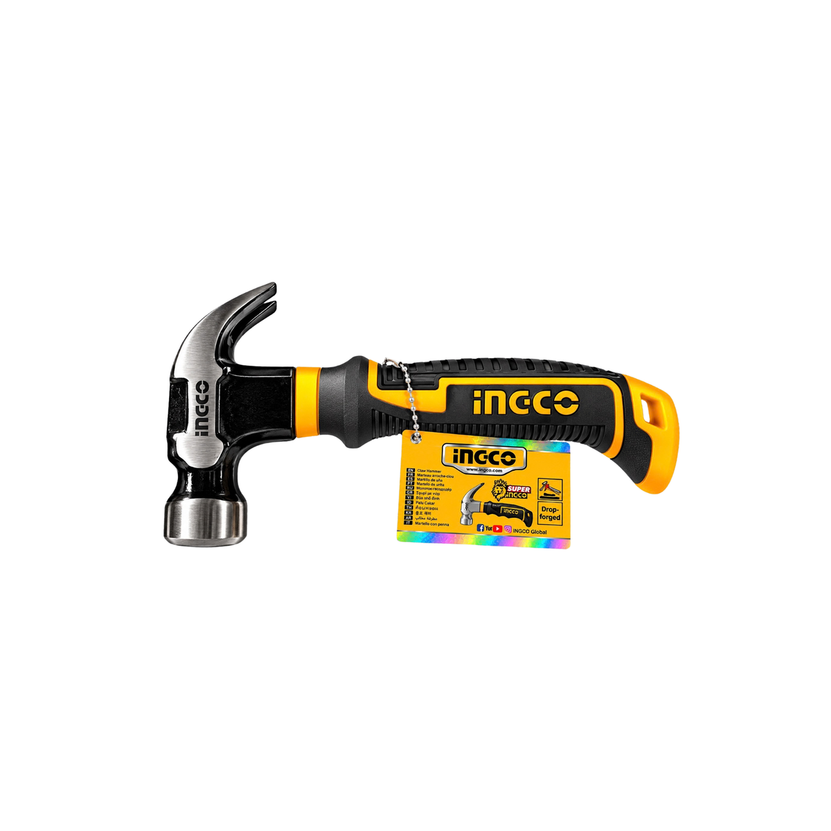 An INCCO claw hammer with a black and yellow textured handle and a silver steel head, shown with its retail hangtag against a plain white background.