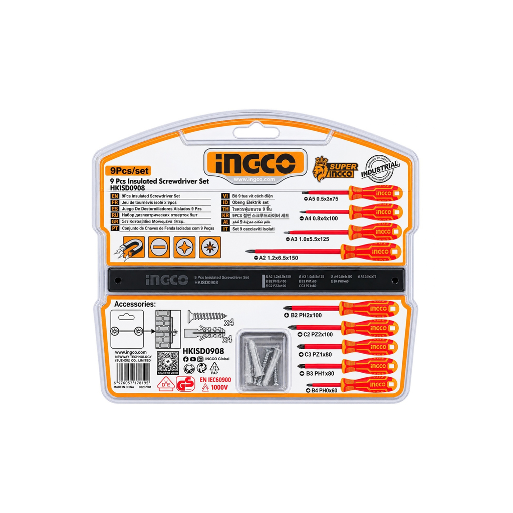 Ingeo 9-piece insulated screwdriver set in its original retail blister packaging, featuring red-handled tools and included accessories.