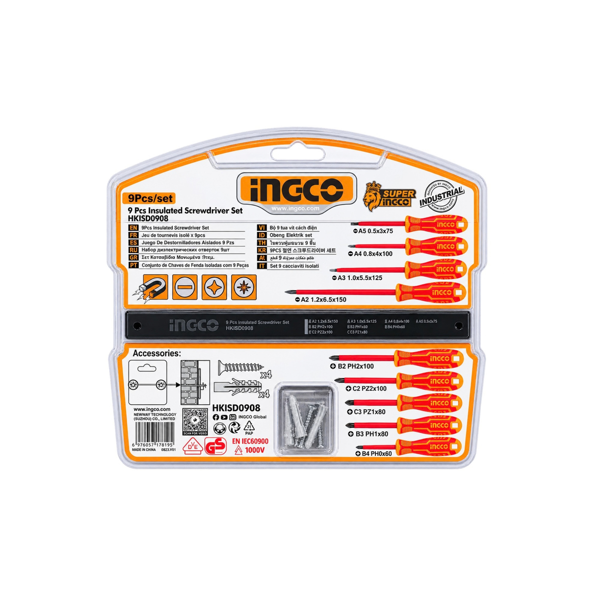 Ingeo 9-piece insulated screwdriver set in its original retail blister packaging, featuring red-handled tools and included accessories.