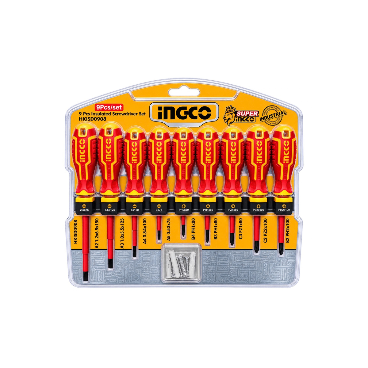 INGCO 5-piece socket screwdriver set in retail blister packaging, featuring red and yellow handles with black sockets and included mounting screws.