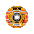 An NGCO 5-inch Metal & Inox cutting disc with a bright orange and yellow design, featuring black and red text detailing specifications and safety information.